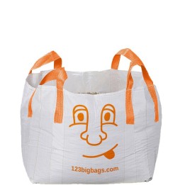 A white mini big bag with orange cross corner loops and an orange face plus 123bigbags.com printed on the bag.