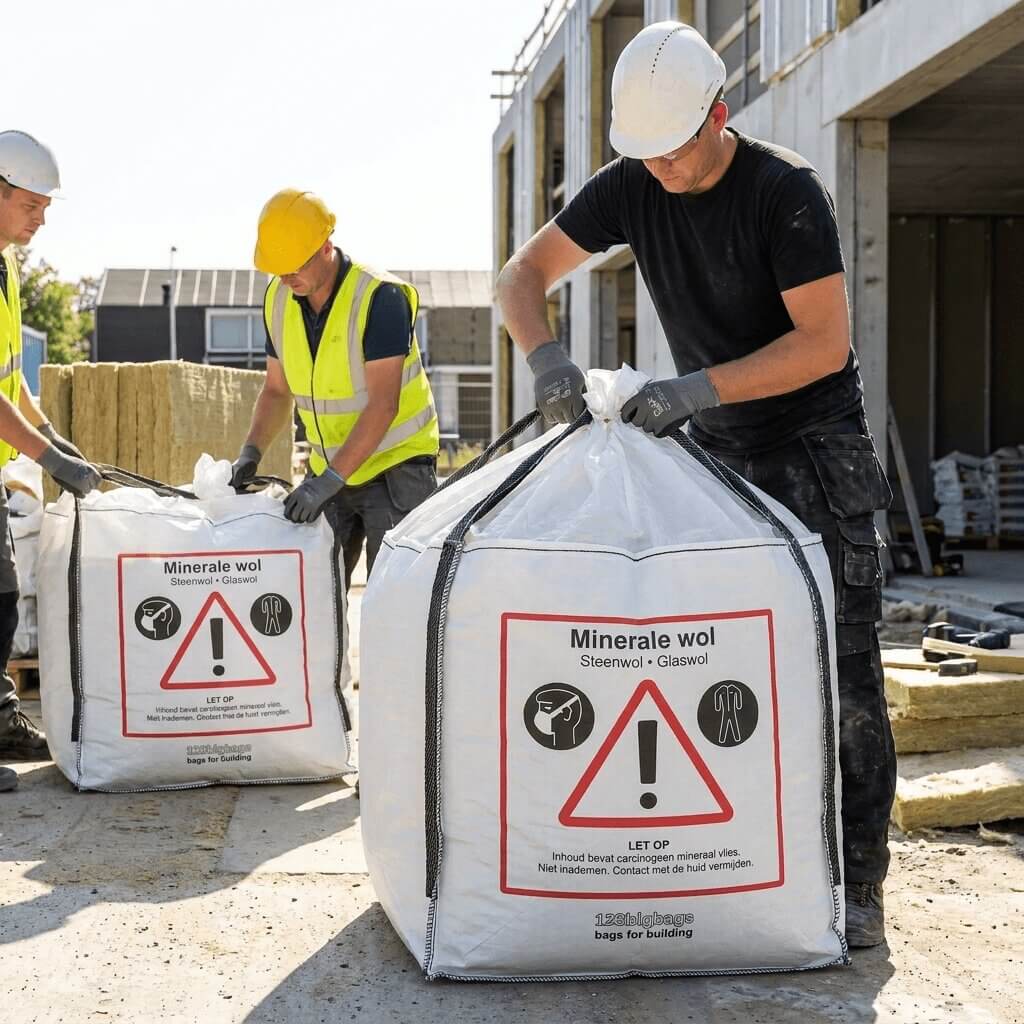 Arbejdere håndterer mineraluldssække