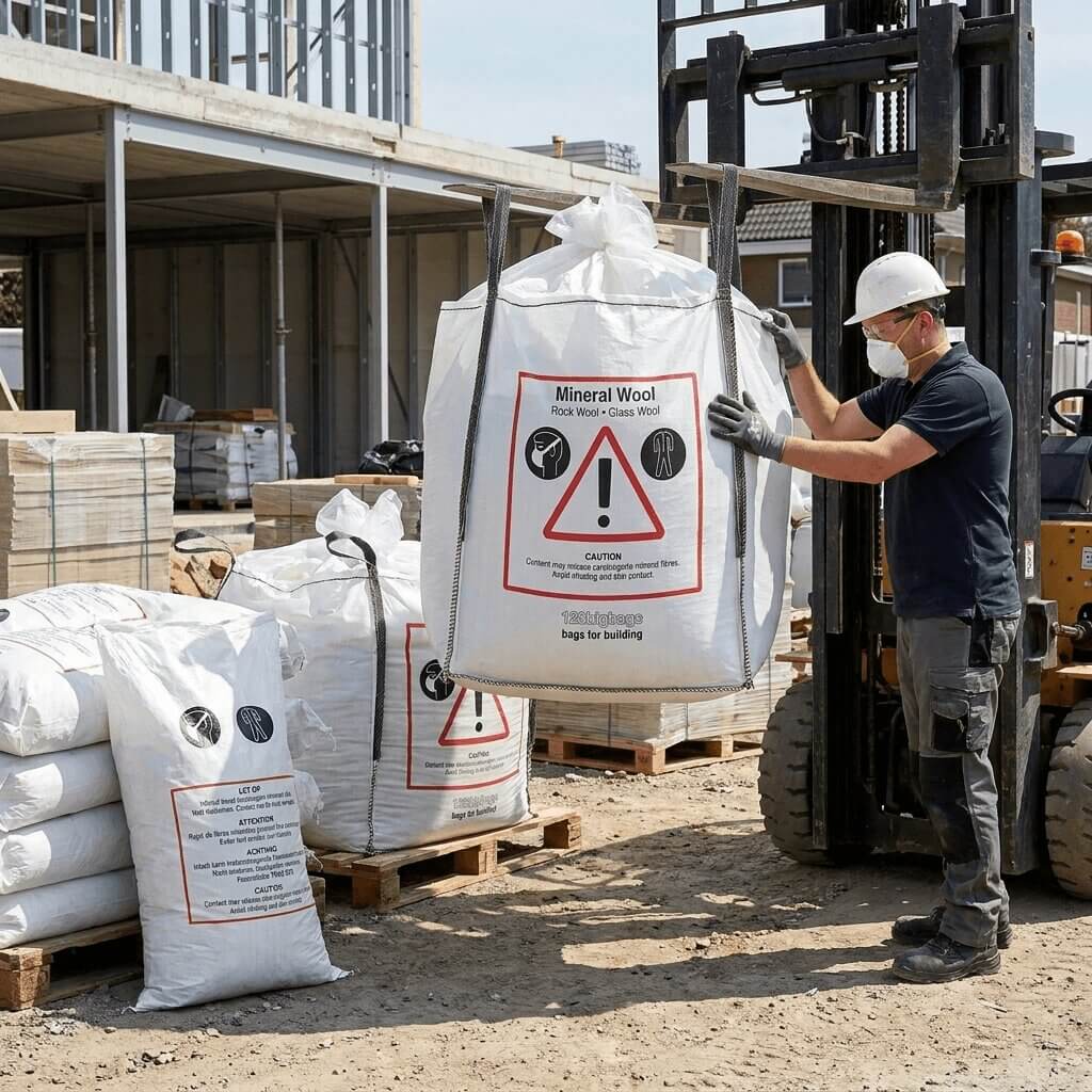 Mineraluldssække på byggeplads