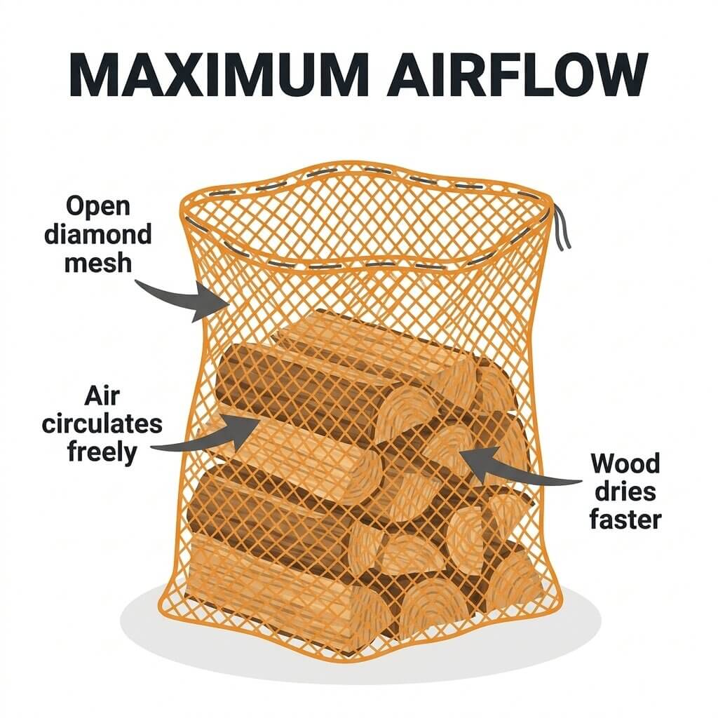 Maximum airflow net bag — open diamond mesh, air circulates freely, wood dries faster