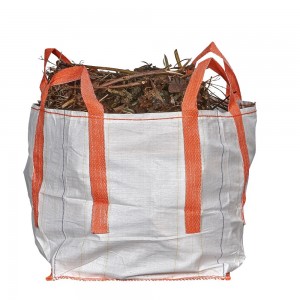 Small white big bag with orange loops filled with garden waste