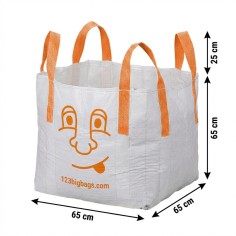 A white mini big bag with orange cross corner loops and an orange face plus 123bigbags.com printed on the bag. 2