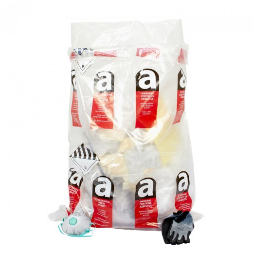 Empty asbestos bag with asbestos logo print