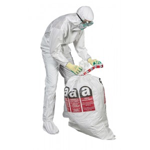 Closed asbestos bag with person in safety clothing