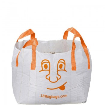 A white mini big bag with orange cross corner loops and an orange face plus 123bigbags.com printed on the bag.