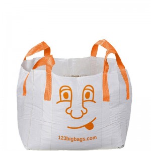 A white mini big bag with orange cross corner loops and an orange face plus 123bigbags.com printed on the bag.